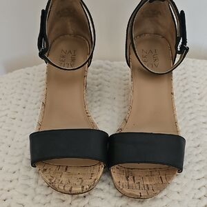 Naturalizer Black Leather Cork Wedge Sandals